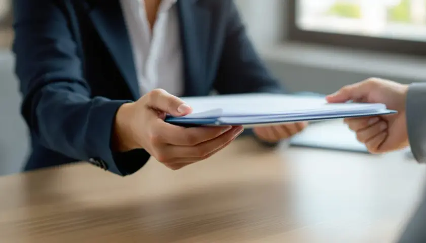 Une main tend un dossier de documents, symbolisant une lettre remise en main propre lors d'un entretien ou d'une transaction importante.