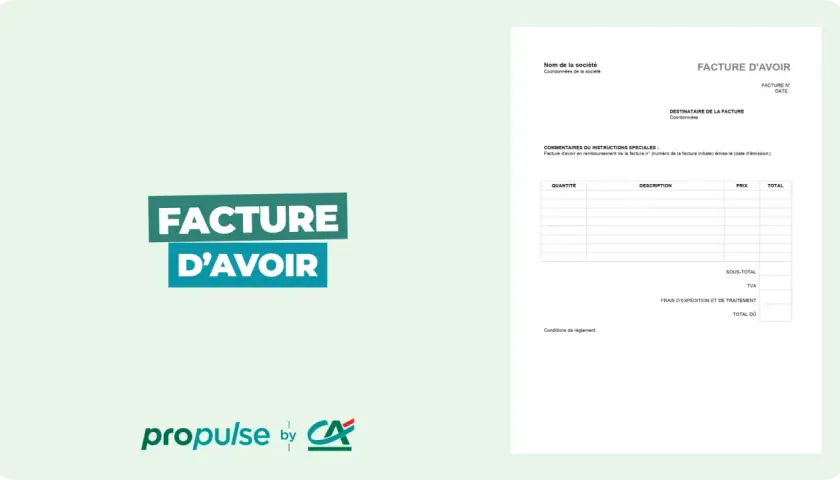 Document de facture d'avoir avec logo "propulse by CA". Détails de la facture, quantité, description, prix, total, sous-total, TVA, frais d'expédition et total dû.