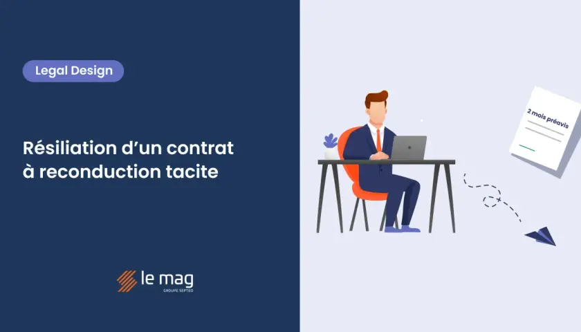 Un homme d'affaires travaille sur son ordinateur, symbolisant la résiliation d'un contrat à reconduction tacite. Un document "2 mois préavis" flotte à côté.