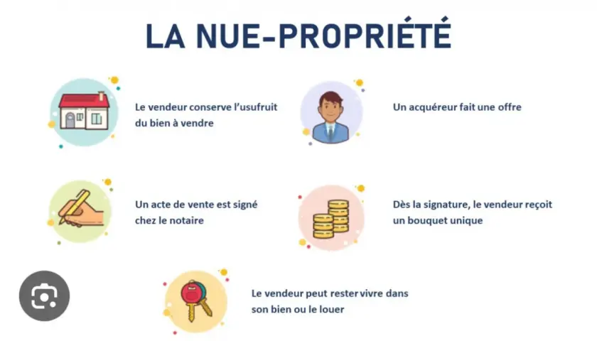 Schéma expliquant la nue-propriété : le vendeur garde l'usufruit, signe chez le notaire, reçoit un bouquet unique et peut rester vivre dans le bien.