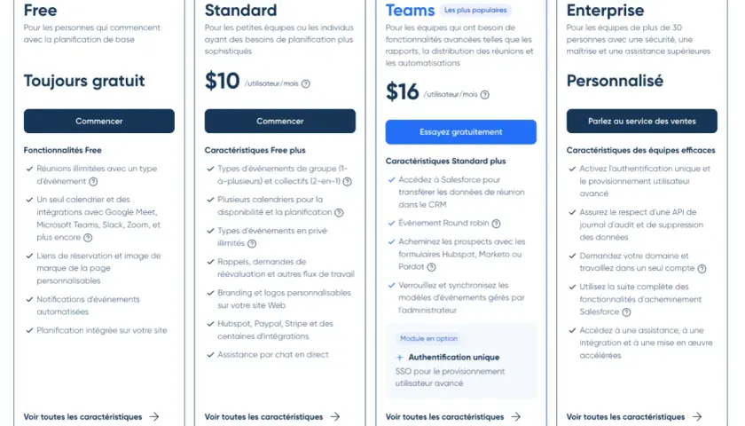Tableau comparatif des plans : Free (gratuit), Standard ($10/mois), Teams ($16/mois) et Enterprise. Idéal pour une application prise de rendez-vous gratuit.