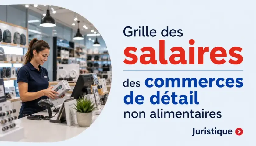 Une vendeuse souriante présente un produit dans un magasin. Le texte indique "Grille des salaires des commerces de détail non alimentaires".