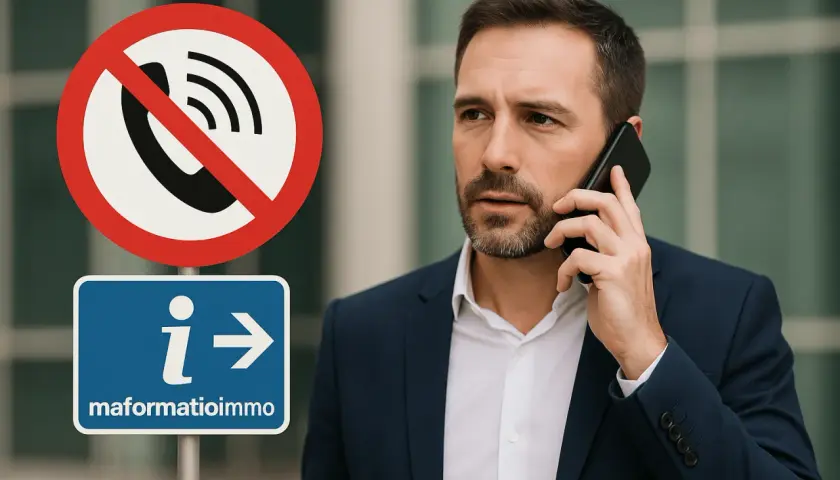 Un homme en costume parle au téléphone à côté d'un panneau "interdit d'appeler" et d'un panneau "information". Il semble préoccupé par le **bloctel particulier**.