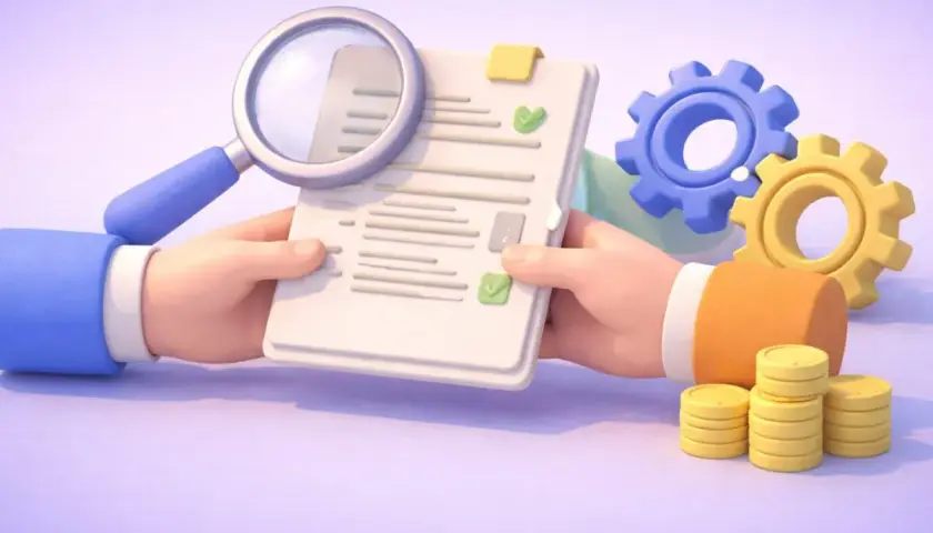 Détaillez comment faire un bon de commande : loupe sur document, rouages, pièces.