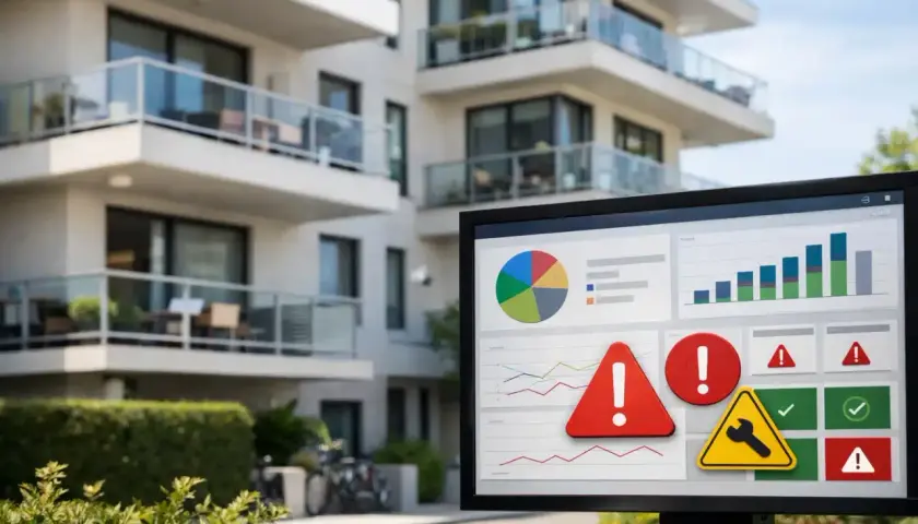 Écran affichant des graphiques et des alertes, idéal pour signaler un problème au syndic.
