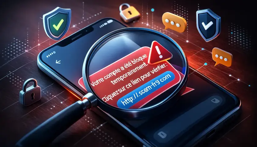 Avertissement sur un téléphone : "Votre compte a été bloqué temporairement. Cliquez sur ce lien pour vérifier : http://.scam-fr9.com". Attention au faux démarchage à domicile.