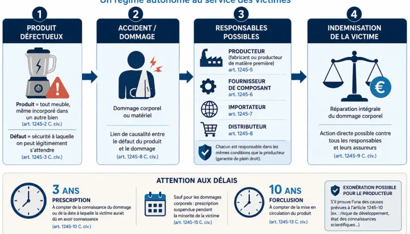 Schéma du régime de responsabilité du fait des produits défectueux. Le responsable légal peut être le producteur, le fournisseur, l'importateur ou le distributeur.