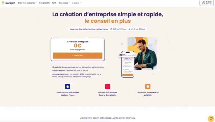 Swapn aide à créer son entreprise à 12 ans, simplement et rapidement. Un homme souriant regarde son écran, entouré d'icônes symbolisant l'accompagnement et la simplicité.