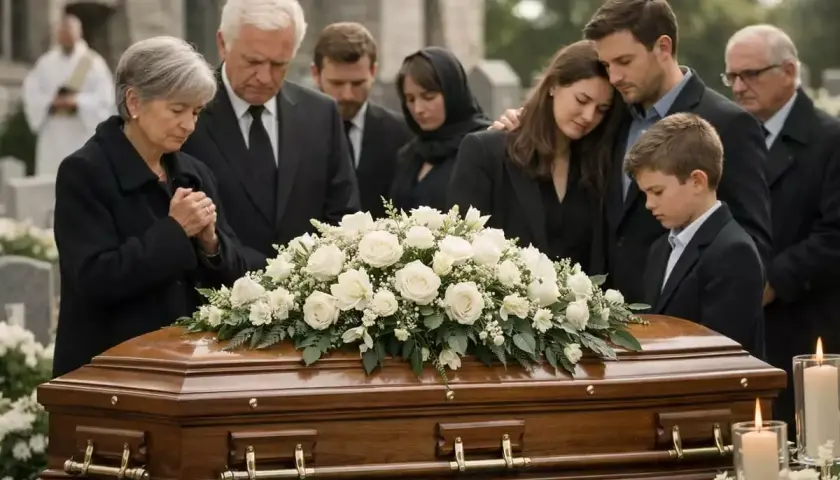 Famille en deuil devant un cercueil fleuri, lors d'une cérémonie funéraire.