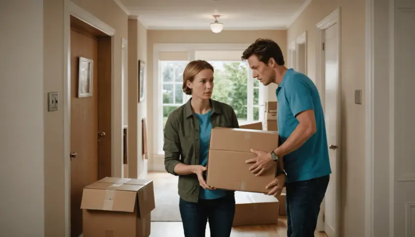 Un couple découvre une erreur de commande en déballant des cartons dans un couloir.