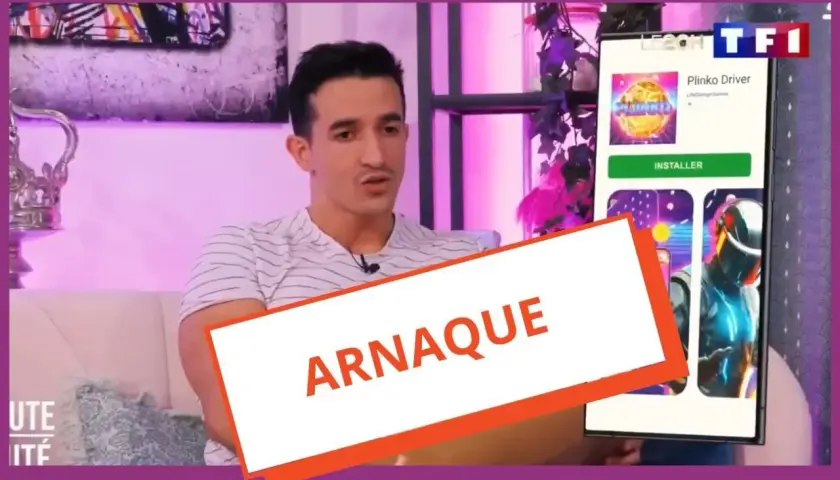 Un homme parle à la télévision, une application de jeu "Plinko Driver" est affichée, avec un bandeau "ARNAQUE" superposé.