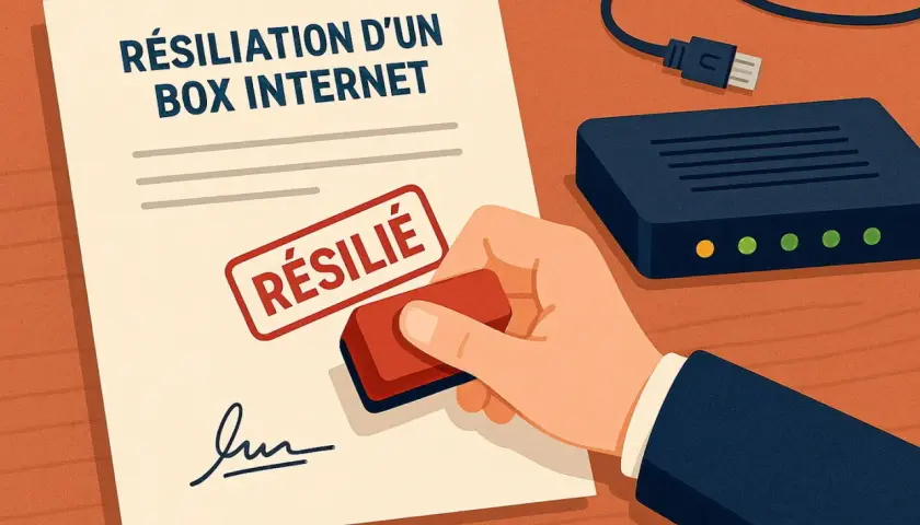 Document "Résiliation d'un box internet" tamponné "RÉSILIE". Une main appose le cachet, symbolisant la fin d'un abonnement.