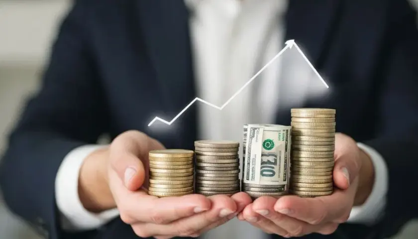 Main tenant demande au notaire une avance sur succession. Des pièces et billets s'empilent, symbolisant la croissance financière.