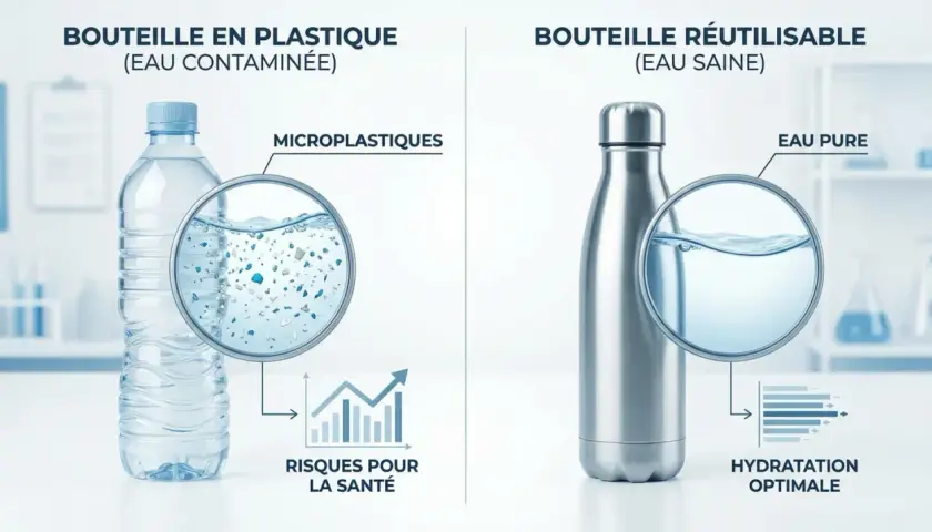 Bouteille en plastique vs. réutilisable. La première libère des microplastiques, augmentant les risques pour la santé. La seconde offre une eau pure pour une hydratation optimale, une alternative à la loi plastique.