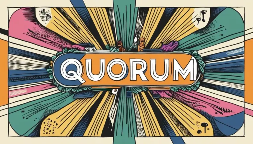 Le mot "QUORUM" en lettres blanches sur fond orange, entouré de rayons colorés et stylisés. L'image évoque une réunion importante.