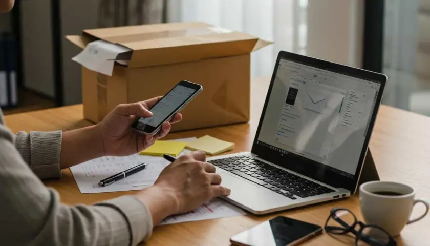 Personne travaillant sur un ordinateur portable, un téléphone et des documents, avec une boîte ouverte à côté. L'écran de l'ordinateur affiche un e-mail, peut-être un refus de remboursement.