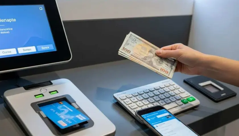 Main tenant une liasse de billets, une personne utilise un smartphone près d'un terminal bancaire. La carte bancaire bloquée dépassement découvert est insérée.