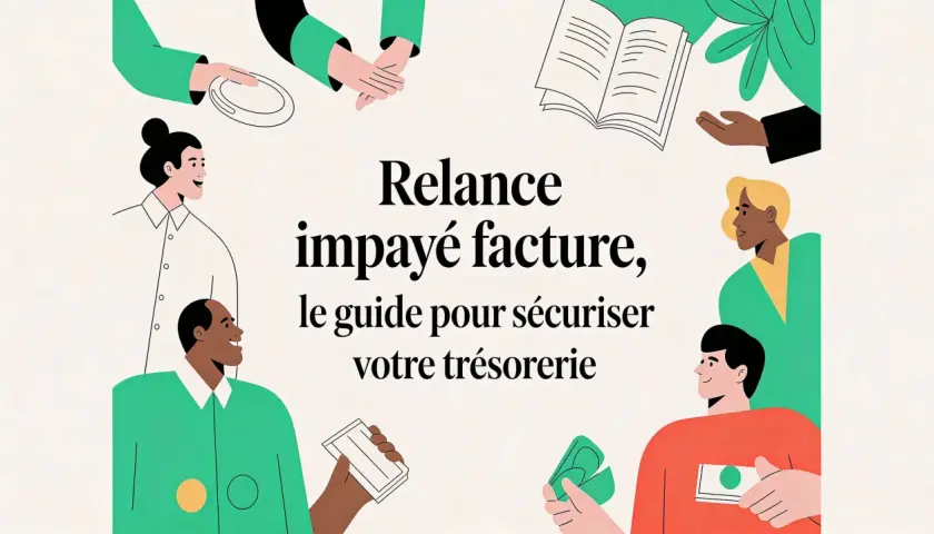 Illustration de personnes échangeant de l'argent et des documents, avec le texte "Relance impayé facture, le guide pour sécuriser votre trésorerie". Le suivi facturation est essentiel.
