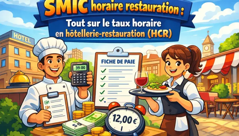 Un chef et une serveuse discutent du SMIC horaire restauration. Une calculatrice affiche 39:00, une fiche de paie est visible, avec des billets et des pièces.