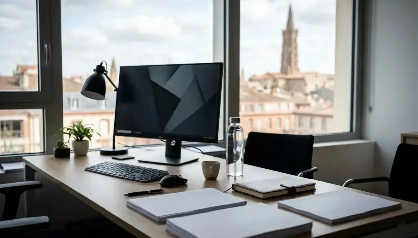 Bureau avec ordinateur, documents et vue sur la ville. Idéal pour réfléchir à comment déposer un brevet et protéger son invention.