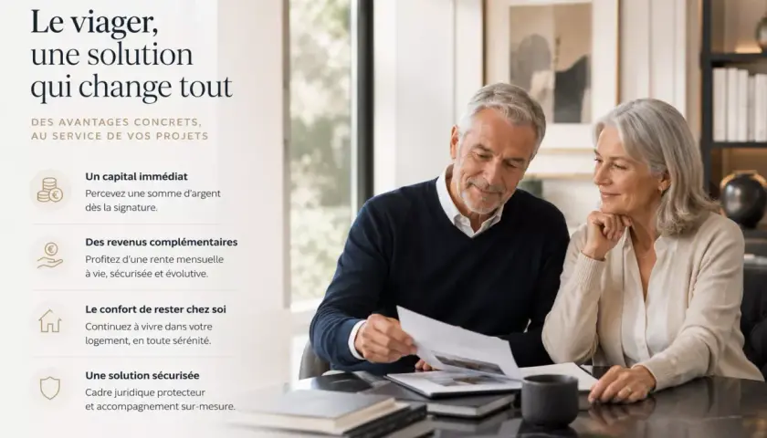 Un couple âgé examine des documents, illustrant les avantages d'un contrat viager : capital immédiat, revenus complémentaires, confort et sécurité.