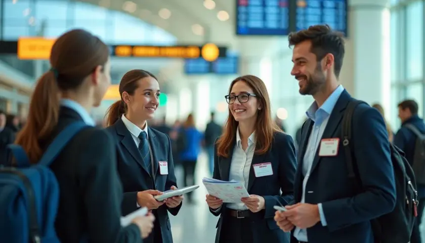 Des employés du tourisme discutent dans un aéroport, peut-être à propos de la convention collective tourisme.