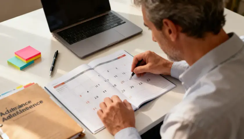 Un homme planifie ses congés sabbatiques dans son agenda, entouré d'un ordinateur portable et de post-it.