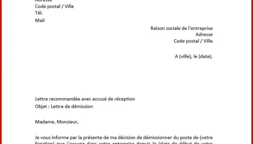 Modèle de lettre de démission avec préavis, pour informer l'employeur de votre départ. Ce document est essentiel pour le préavis démission hcr.