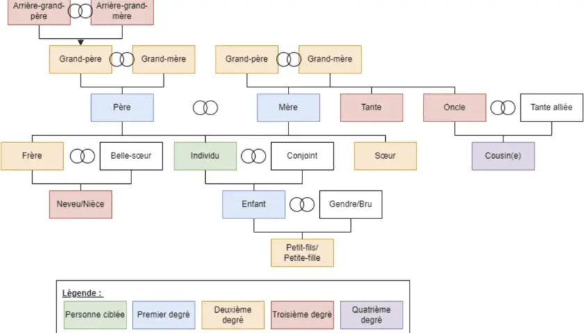 Arbre généalogique montrant les liens familiaux, des arrière-grands-parents aux petits-enfants, illustrant les descendants.