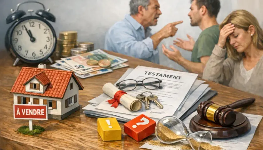 Scène de dispute familiale autour d'un testament, d'une maison à vendre et d'une succession. L'initiative transmission en cas de décès est source de conflits.