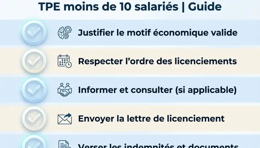 Checklist pour un licenciement économique en TPE de moins de 10 salariés : justifier le motif, respecter l'ordre, informer, envoyer la lettre et verser les indemnités.