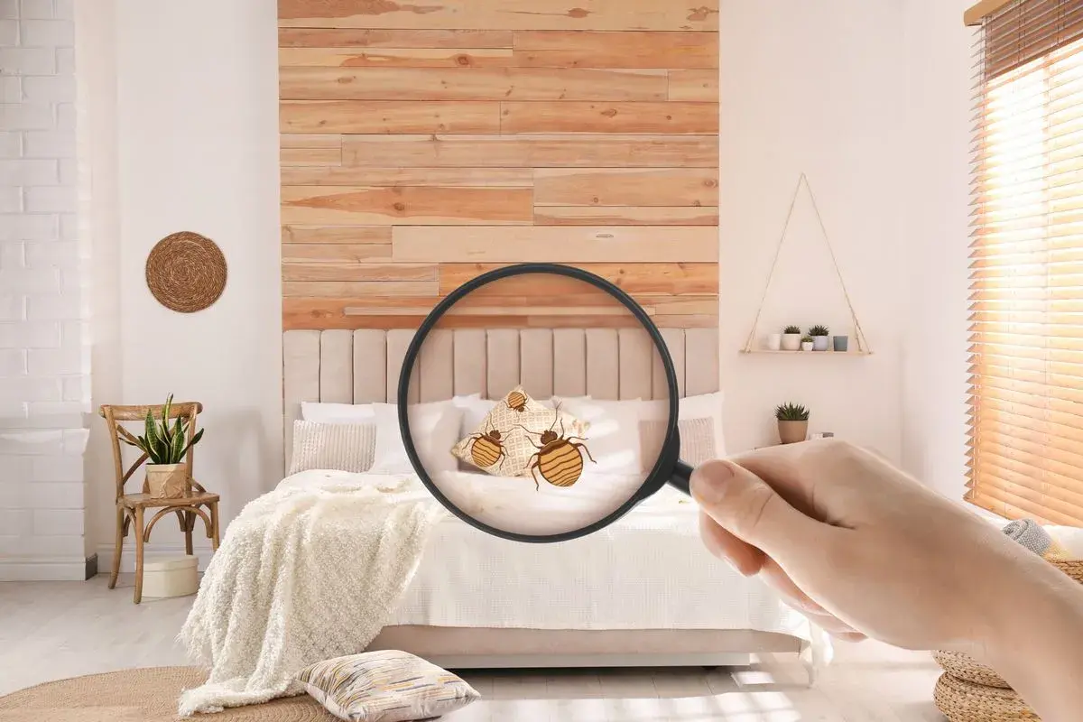 Loupe révélant des punaises de lit sur un coussin dans une chambre. Attention à l'arnaque punaise de lit !