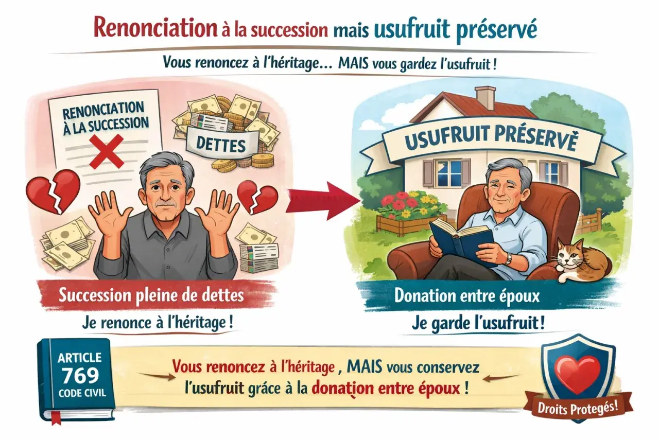 Un homme renonce à une succession pleine de dettes, mais grâce à une donation entre époux, il conserve l'usufruit et lit paisiblement avec son chat.
