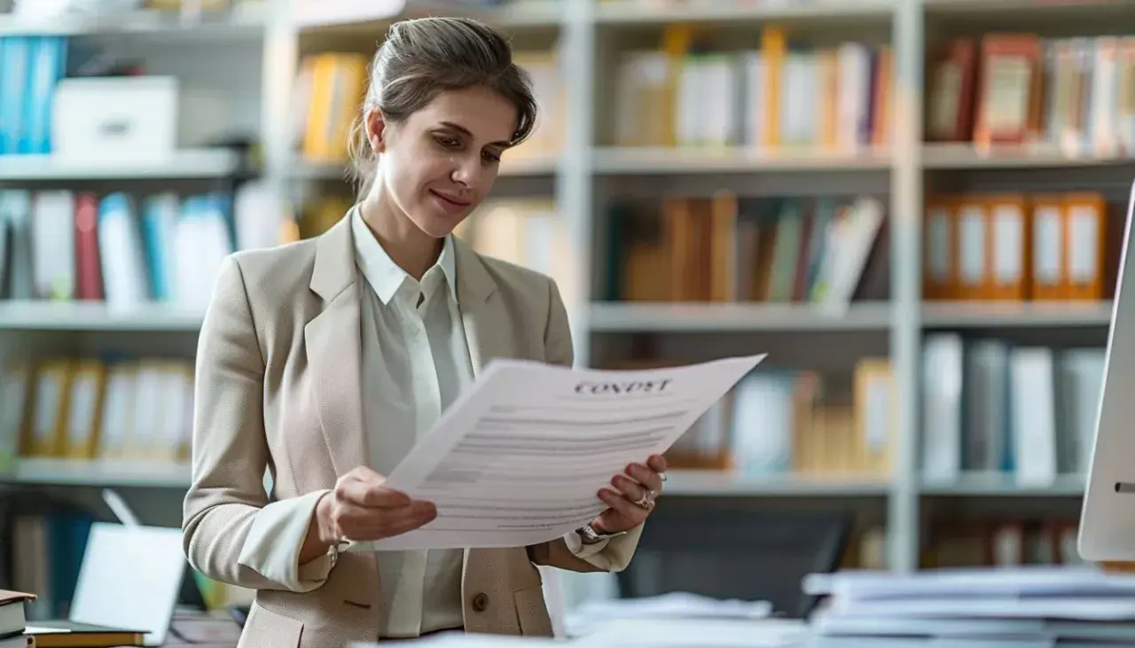 Une femme examine un document, le titre "CONDITIONS" suggère une possible publicité mensongère.
