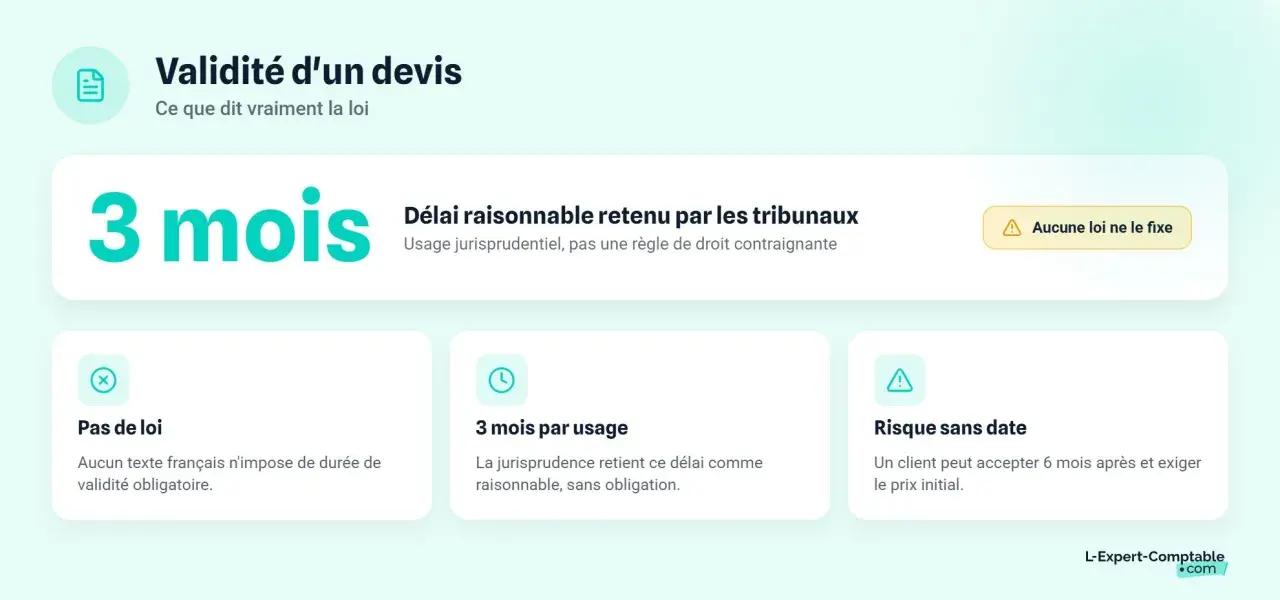 La durée de validité d'un devis est souvent de 3 mois par usage, bien qu'aucune loi ne la fixe. Les tribunaux retiennent ce délai raisonnable.