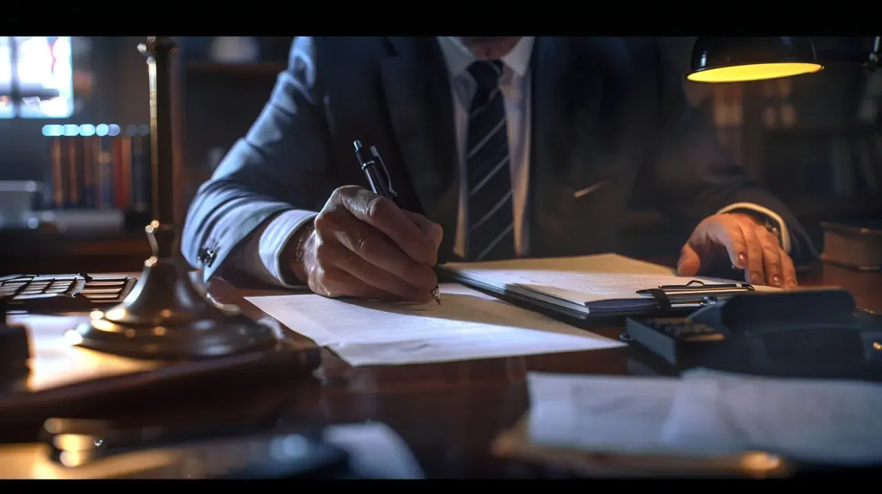 Un homme en costume signe des documents, peut-être un notaire enquêtant sur un détournement de succession.