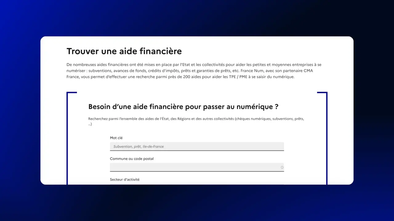 Formulaire de recherche d'aides financières avec champs pour mot-clé, commune et secteur d'activité.