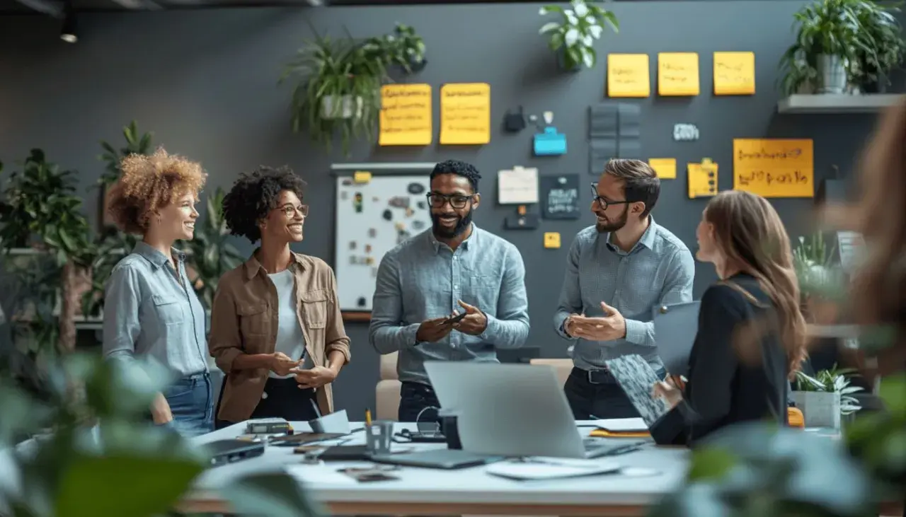 Une équipe discute avec enthousiasme dans un bureau moderne, planifiant comment reprendre entreprise familiale.