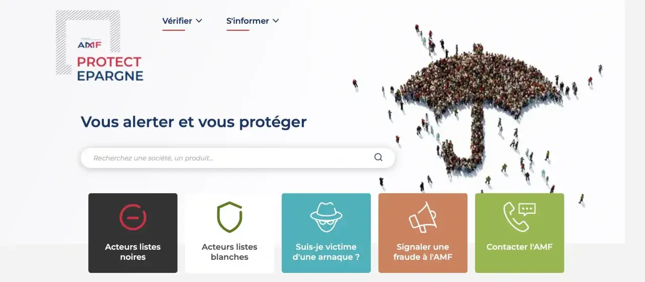 Le site AMF Protect Épargne aide à se protéger contre une arnaque placement financier. Une foule forme un parapluie protecteur.