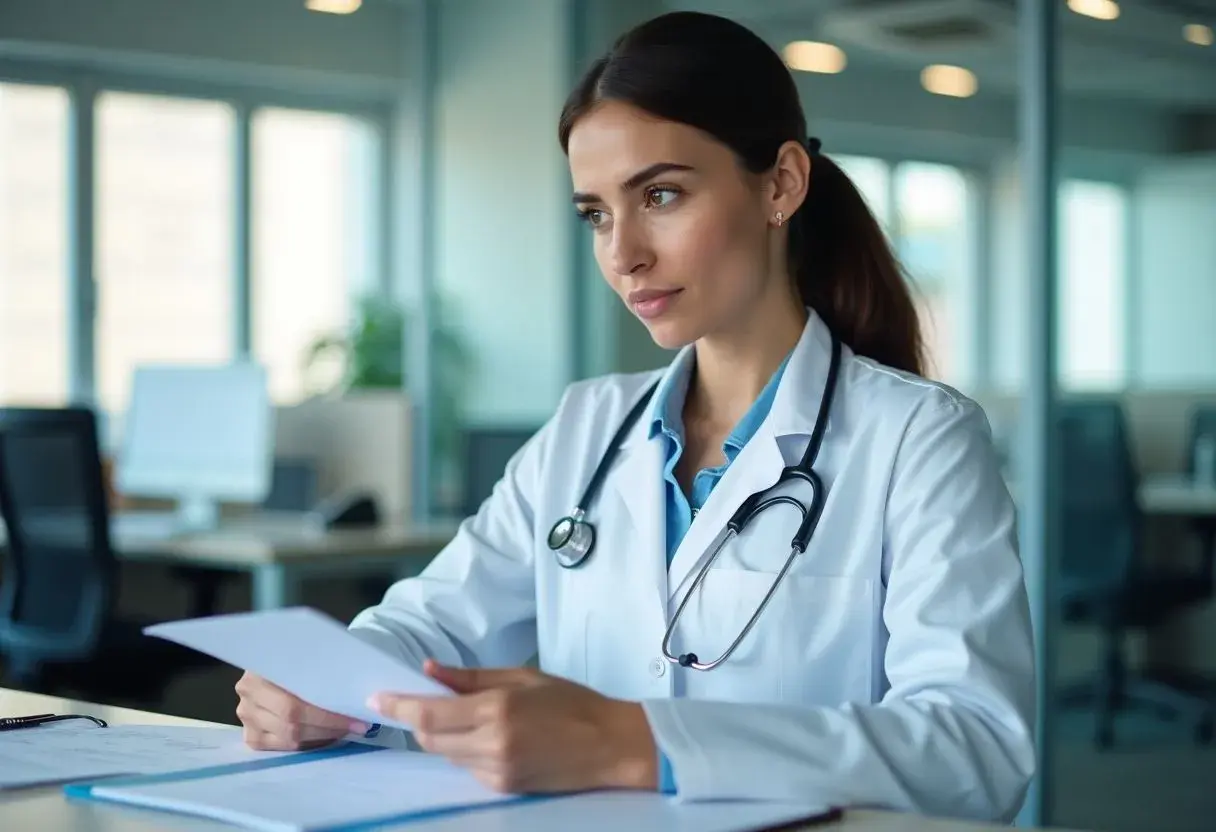 Médecin concentré sur des documents, peut-être une convention collective des cabinets médicaux, dans un bureau moderne.