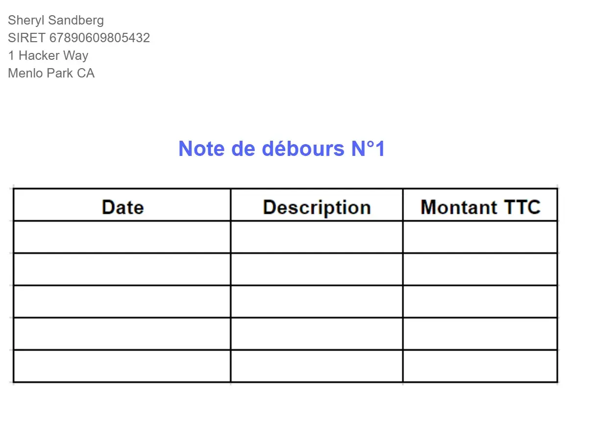 Note de débours N°1 pour Sheryl Sandberg, avec des colonnes pour la date, la description et le montant TTC.