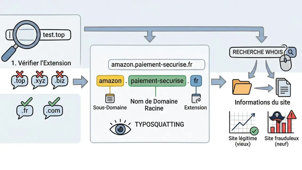Schéma expliquant le typosquatting : vérification d'extension, analyse du nom de domaine et recherche WHOIS pour identifier un **site frauduleux**.
