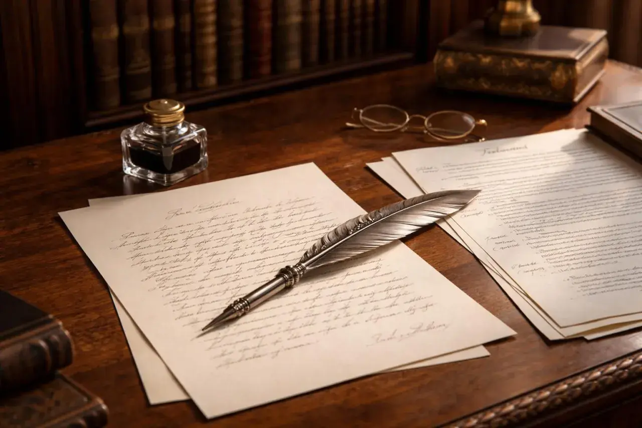 Plume et encrier sur des documents manuscrits sur un bureau en bois.