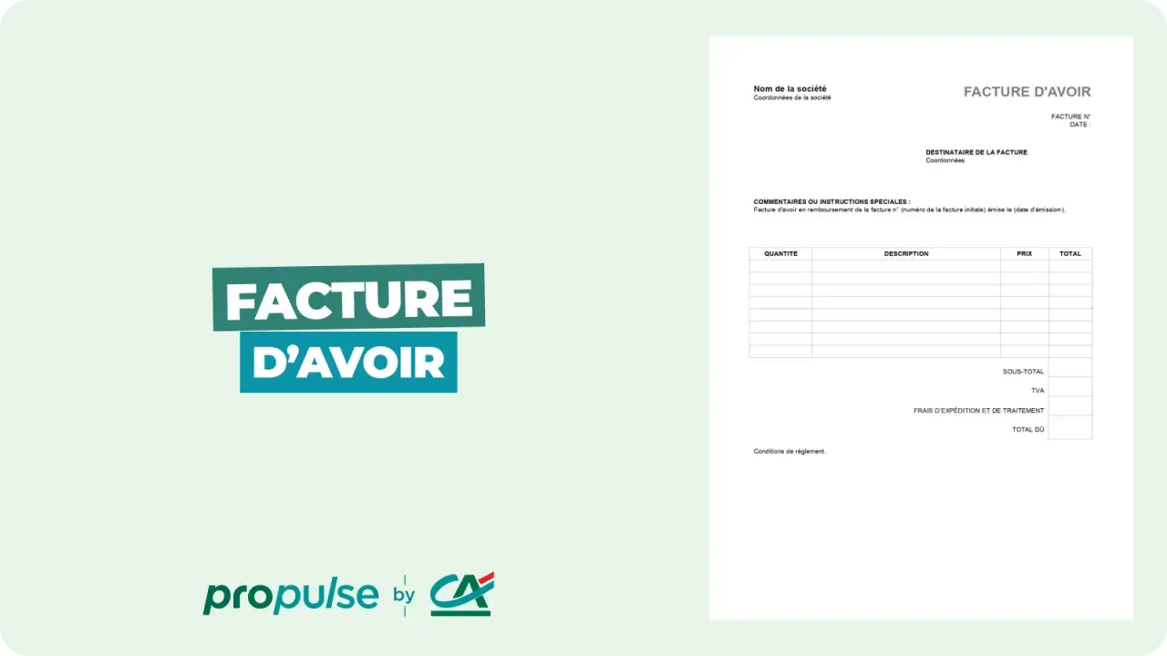 Document de facture d'avoir avec logo "propulse by CA". Détails de la facture, quantité, description, prix, total, sous-total, TVA, frais d'expédition et total dû.