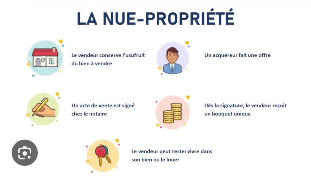 Schéma expliquant la nue-propriété : le vendeur garde l'usufruit, signe chez le notaire, reçoit un bouquet unique et peut rester vivre dans le bien.