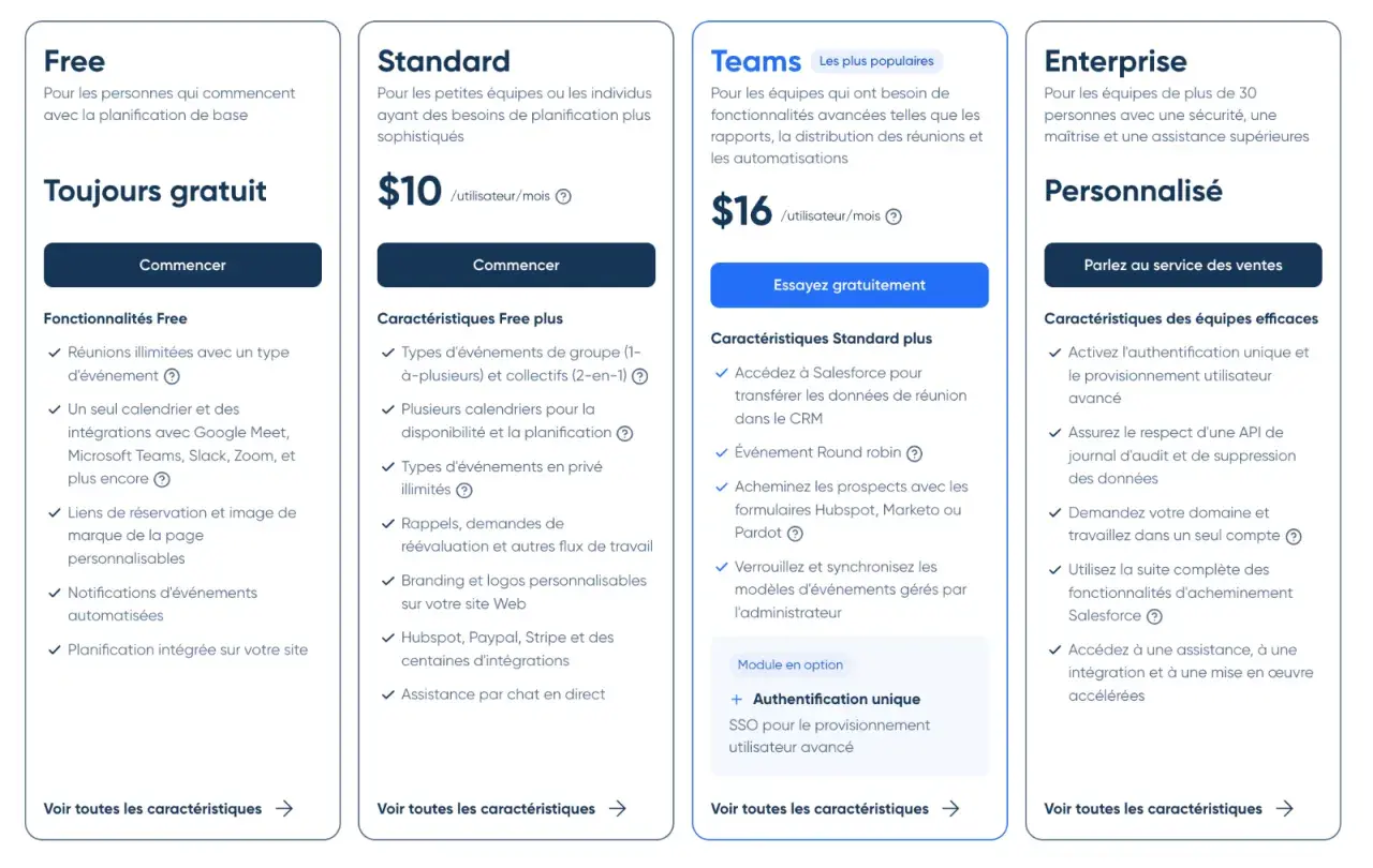 Tableau comparatif des plans : Free (gratuit), Standard ($10/mois), Teams ($16/mois) et Enterprise. Idéal pour une application prise de rendez-vous gratuit.