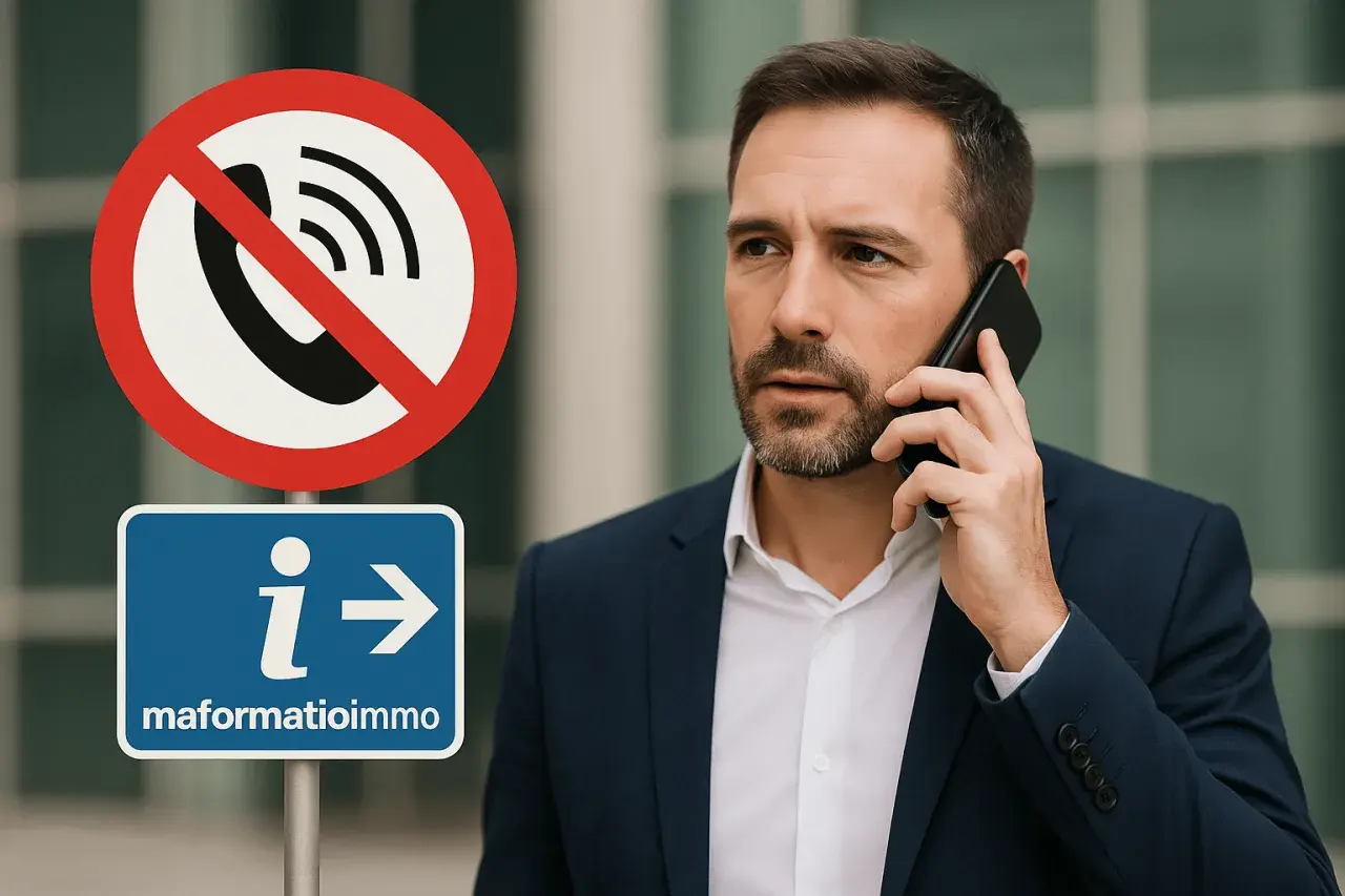 Un homme en costume parle au téléphone à côté d'un panneau "interdit d'appeler" et d'un panneau "information". Il semble préoccupé par le **bloctel particulier**.