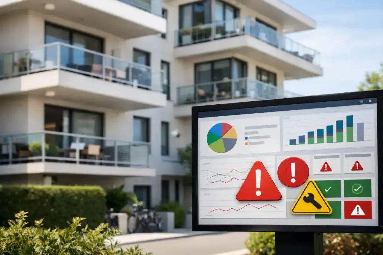 Écran affichant des graphiques et des alertes, idéal pour signaler un problème au syndic.