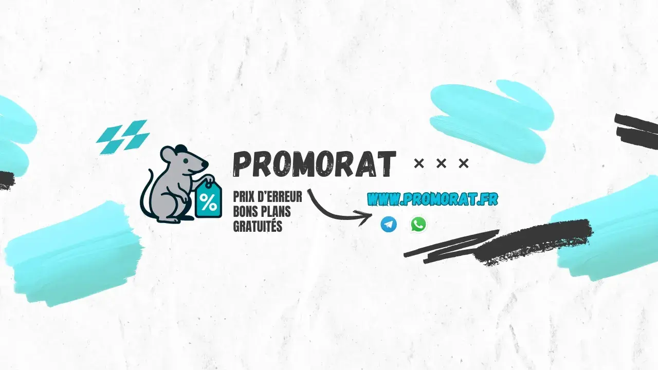 Souris tenant une étiquette avec un pourcentage, logo "PROMORAT", site web et icônes de messagerie.
