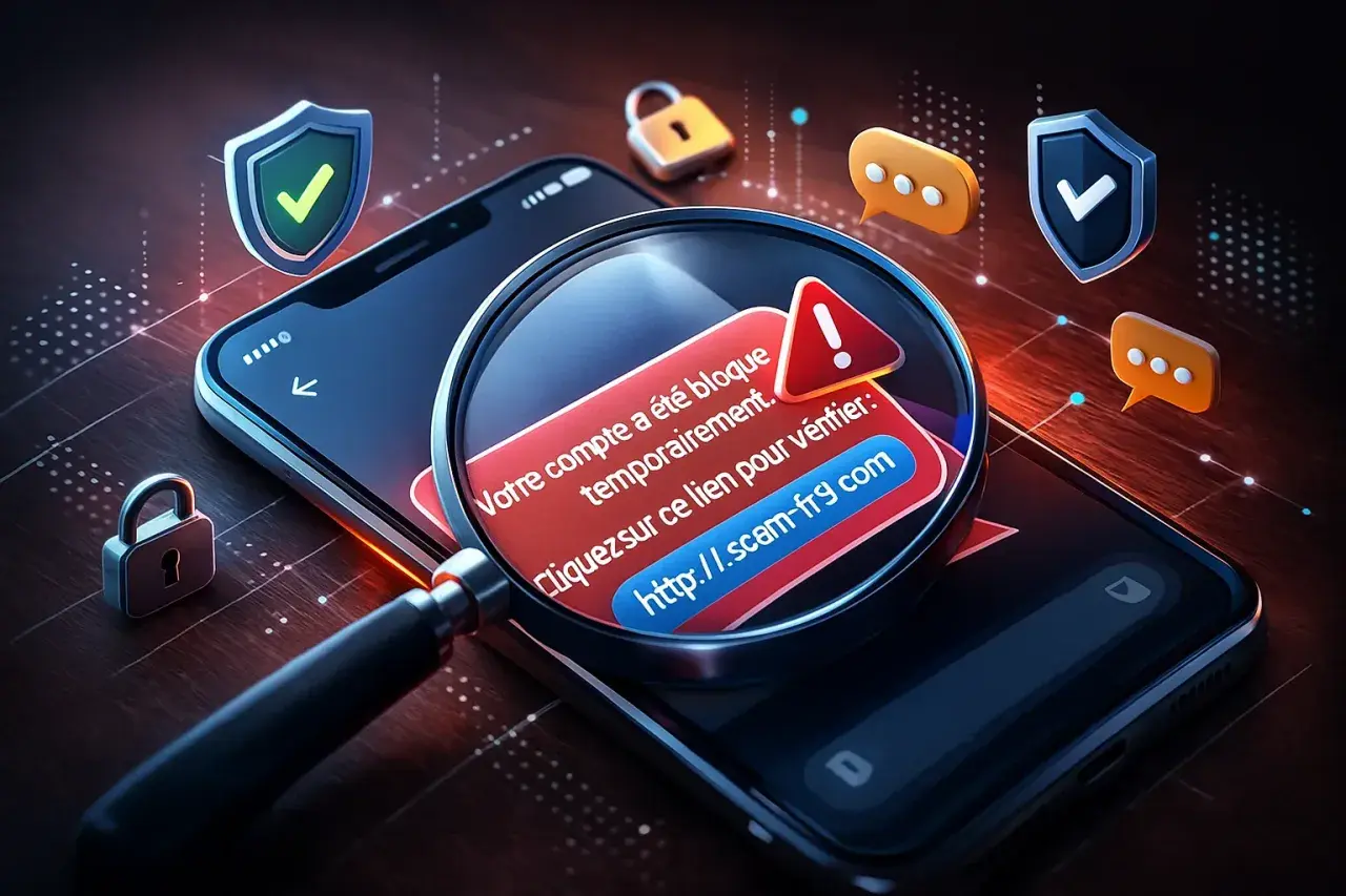 Avertissement sur un téléphone : "Votre compte a été bloqué temporairement. Cliquez sur ce lien pour vérifier : http://.scam-fr9.com". Attention au faux démarchage à domicile.